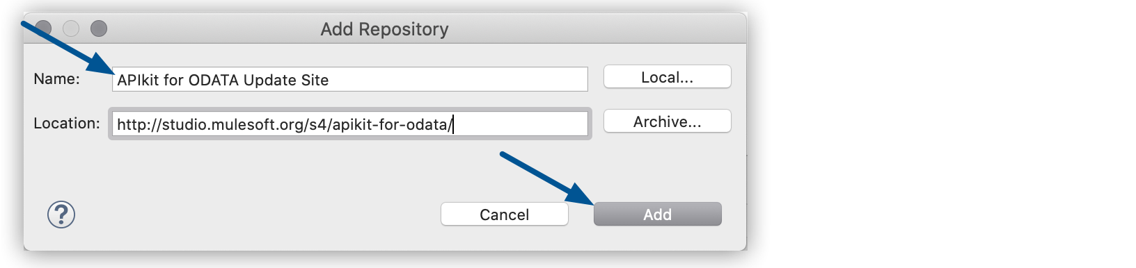 Window for adding a repository with the *Add* button, with the name the location fields highlighted