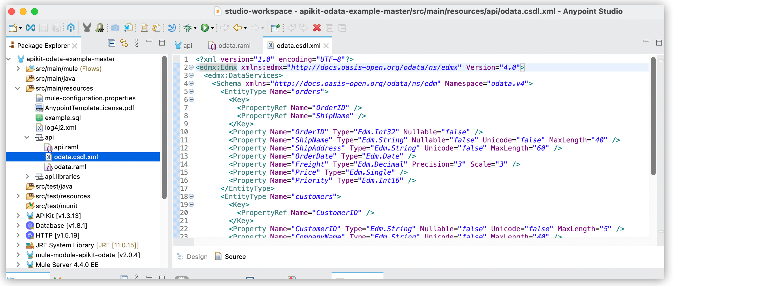 *odata.csdl.xml* new file highlighted in the *api* folder, in the *Package Explorer*, and the XML code of the *odata.csdl.xml* file after its transformation