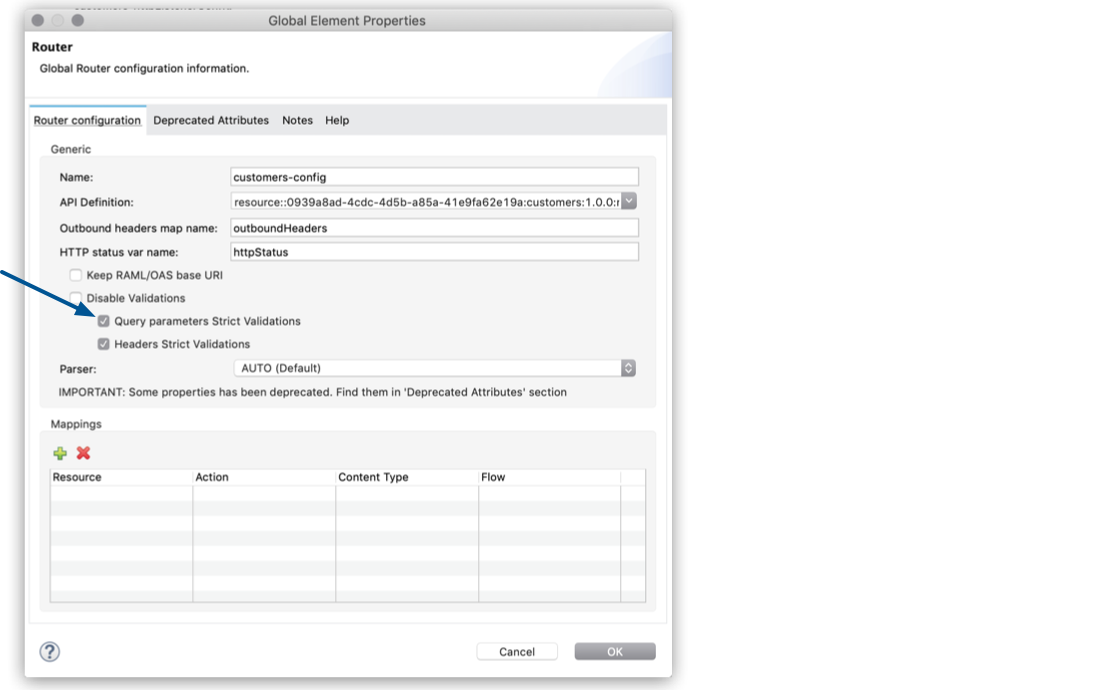 *Query parameters Strict Validations* and *Headers Strict Validations* highlighted in the router configuration tab