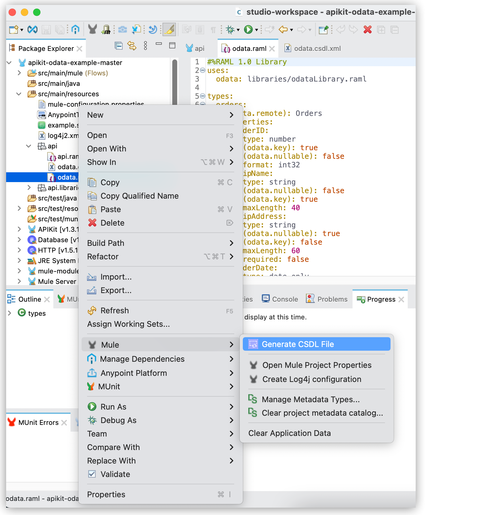 *Generate CSDL file* option highlighted in the Mule section when right-clicking the OData file in the Package Explorer