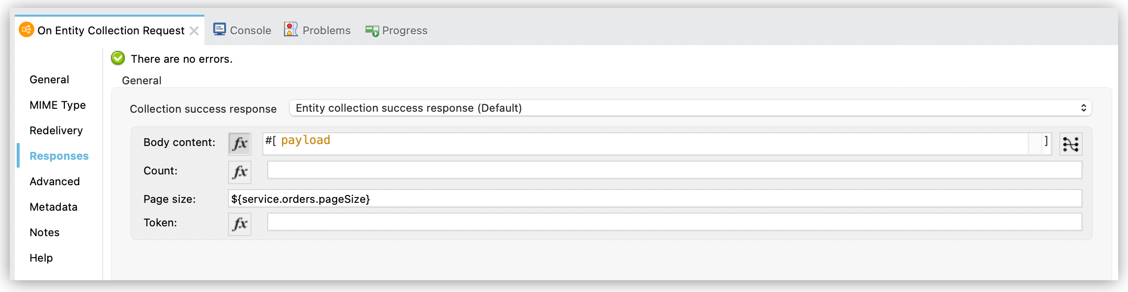 pageSize set to ${service.orders.pageSize} in the On Entity Collection Request tab