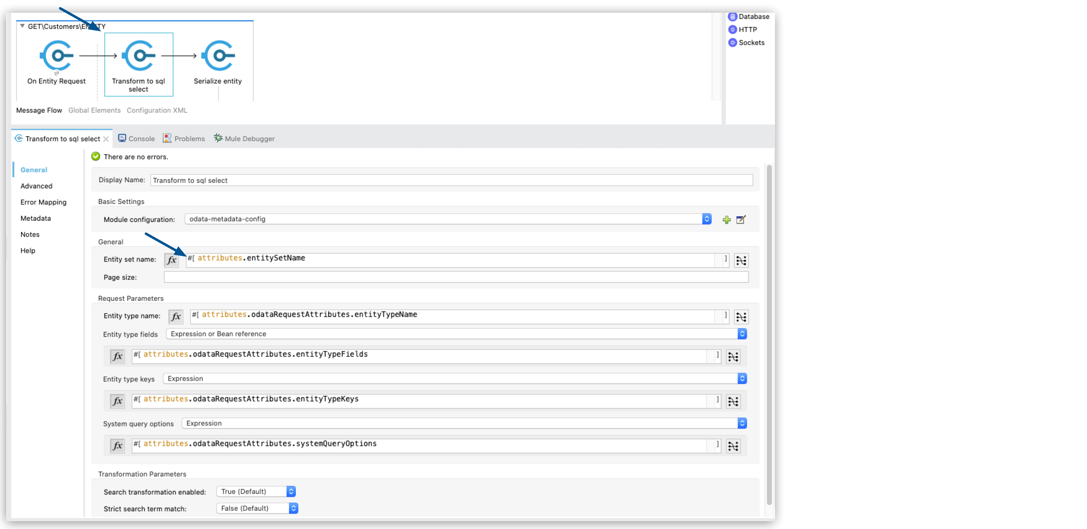 *Transform to SQL select* element and *Entity set name* field highlighted