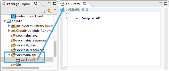 New RAML file highlighted in *Package Explorer*.
