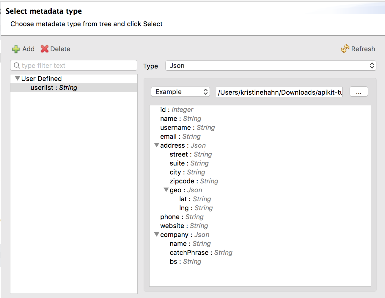 *userlist* example in the *Select metadata type* dialog.
