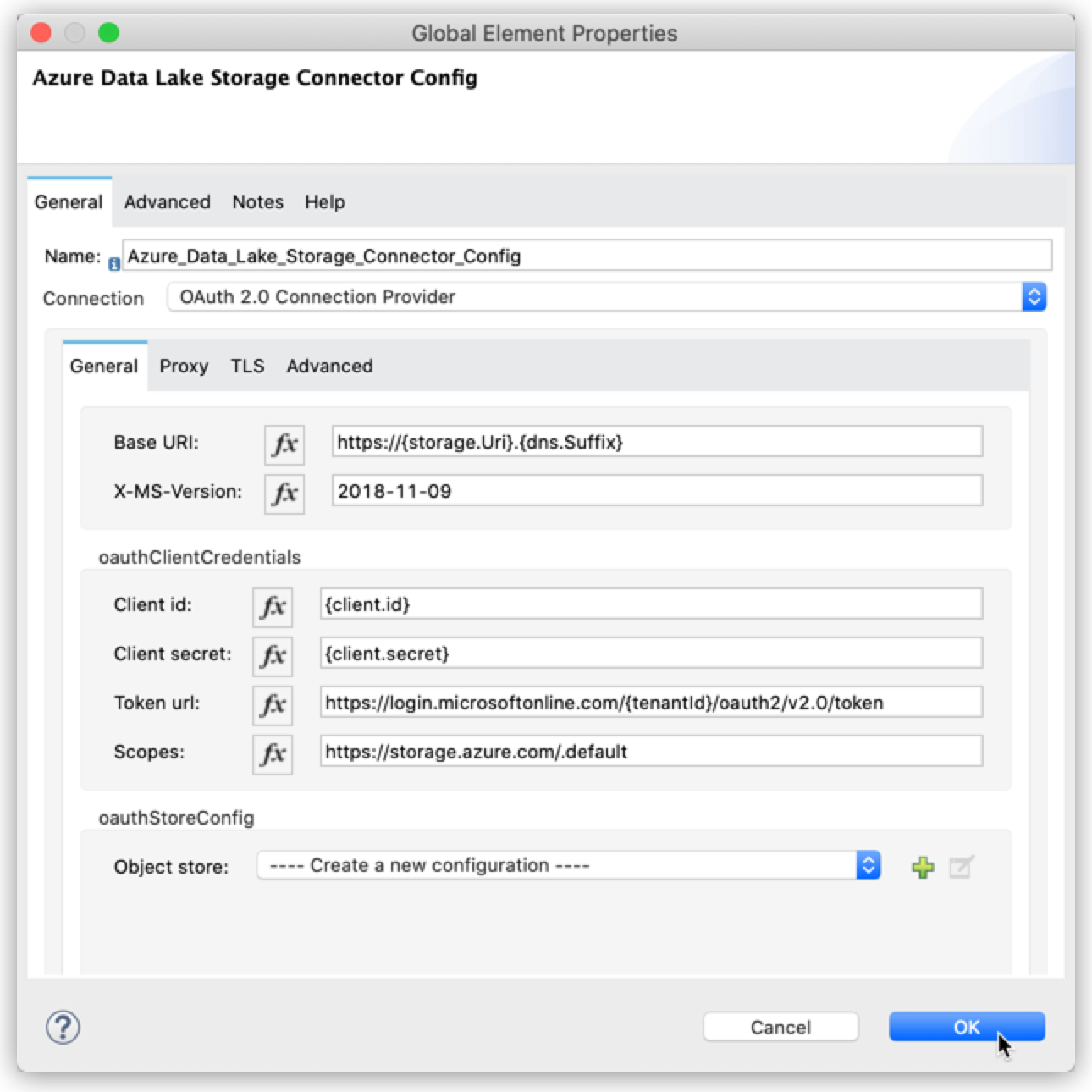 Example values for the OAuth 2.0 Connection Provider connection type