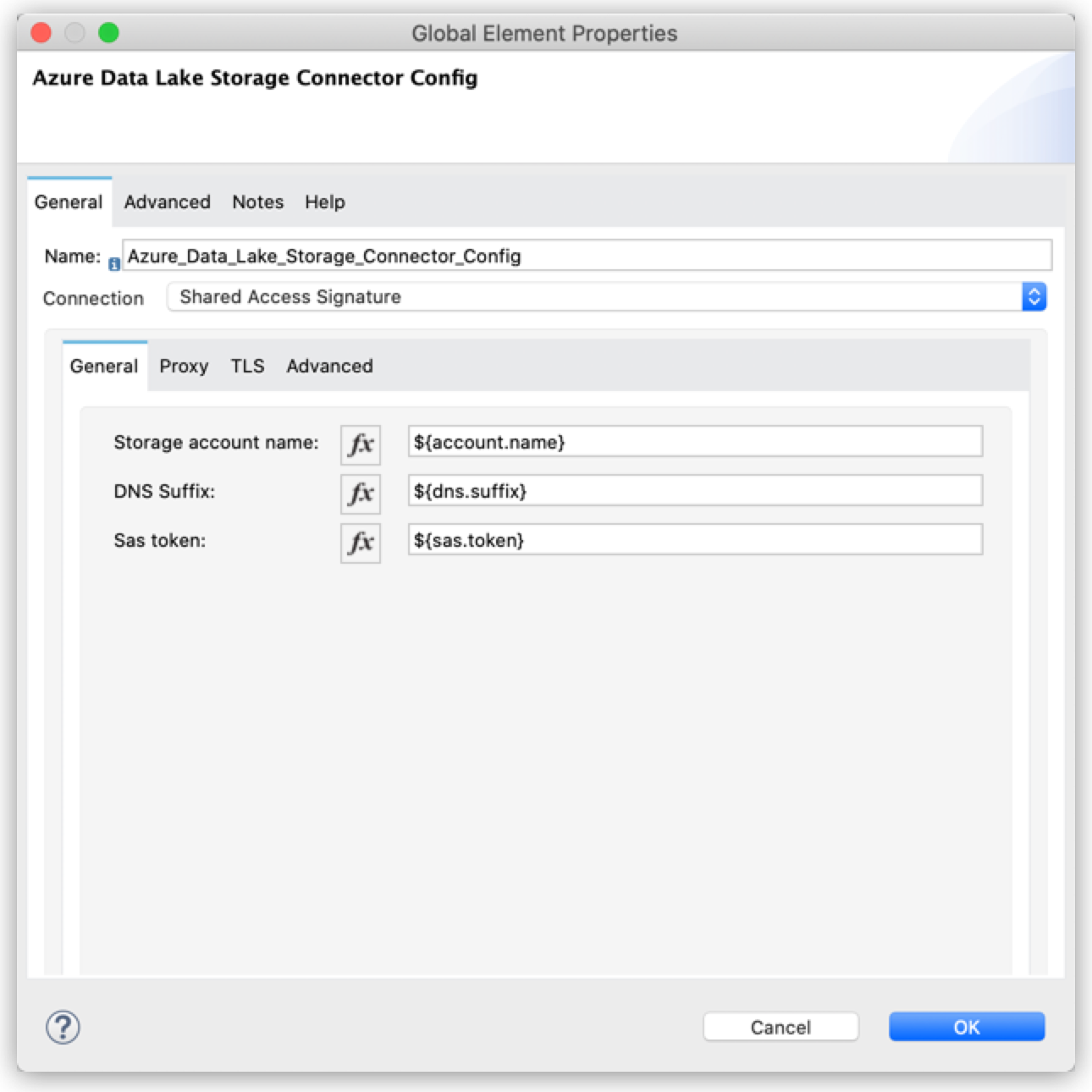 Example values for the Shared Access Signature connection type