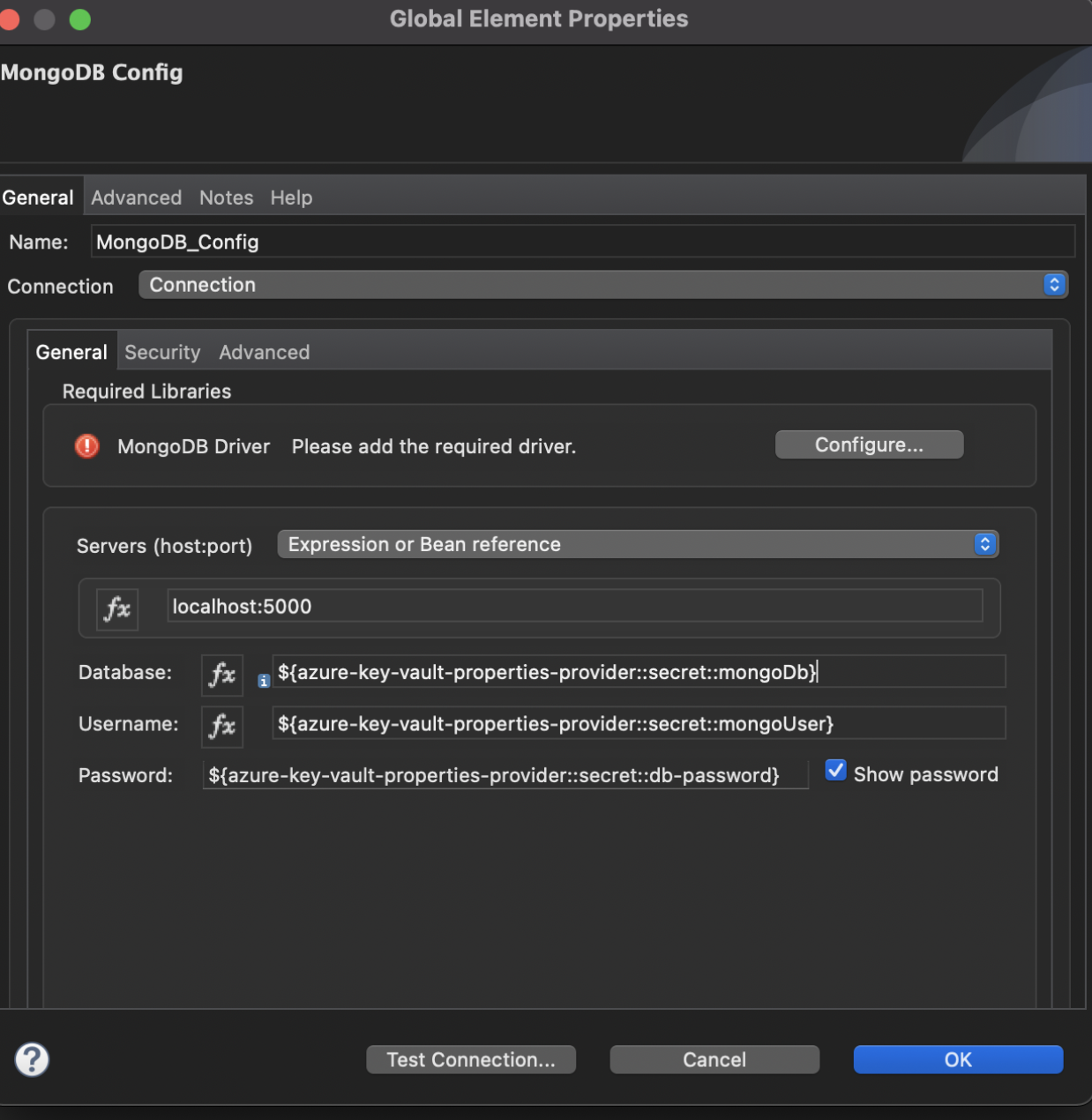Example of MongoDB Connector using Azure Key Vault Properties Provider in configuration window