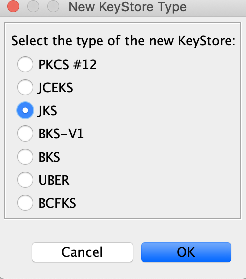 Create new JKS KeyStore selection