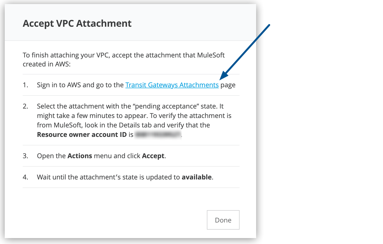 Accept VPC Attachment page