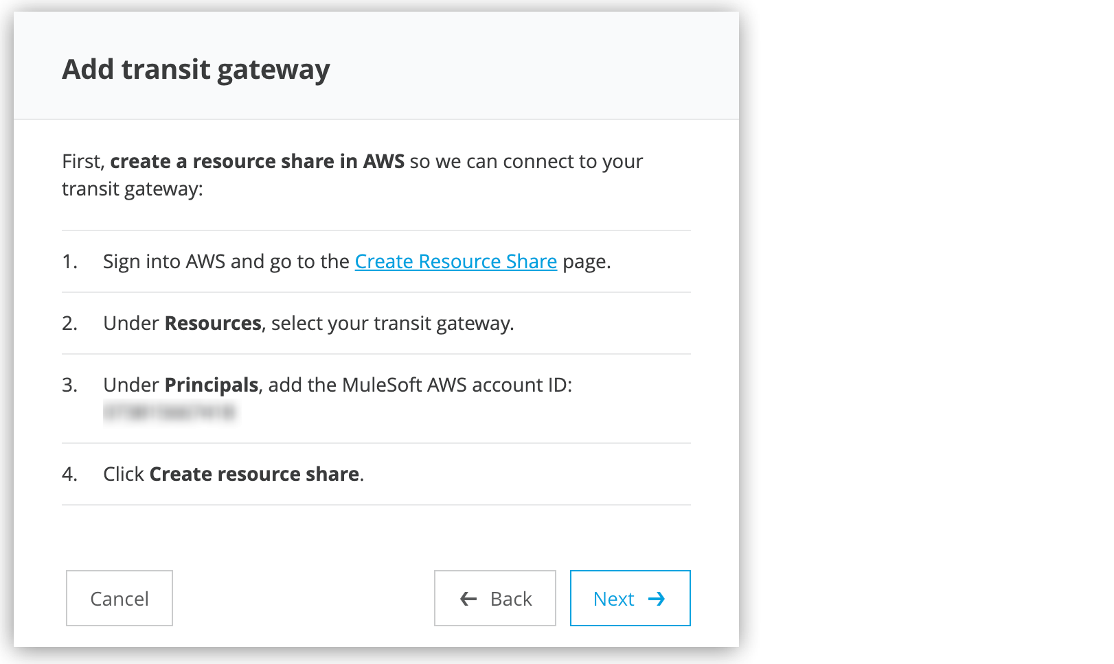 Add transit gateway page: Steps to create a resource share