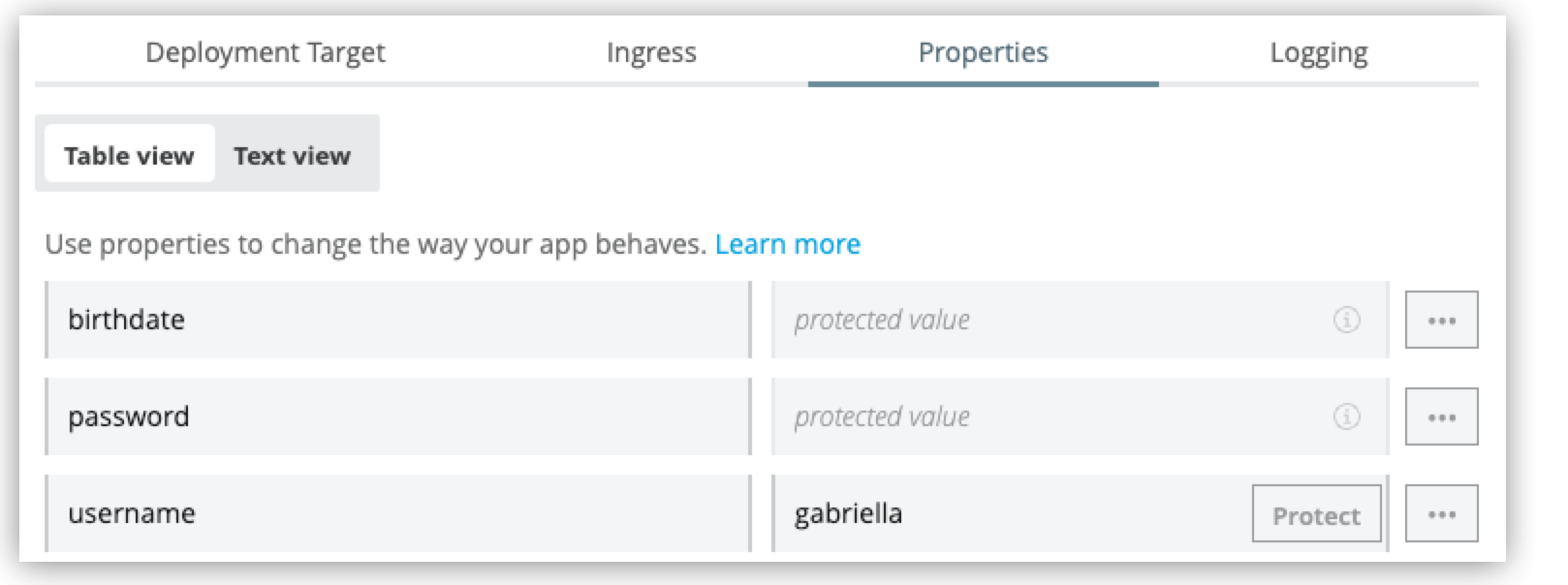 Protected values on the Properties tab on the application Settings page