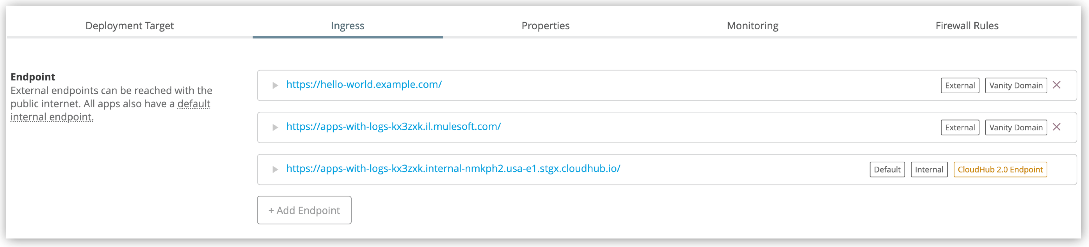 Endpoint section showing the default internal endpoint for an application