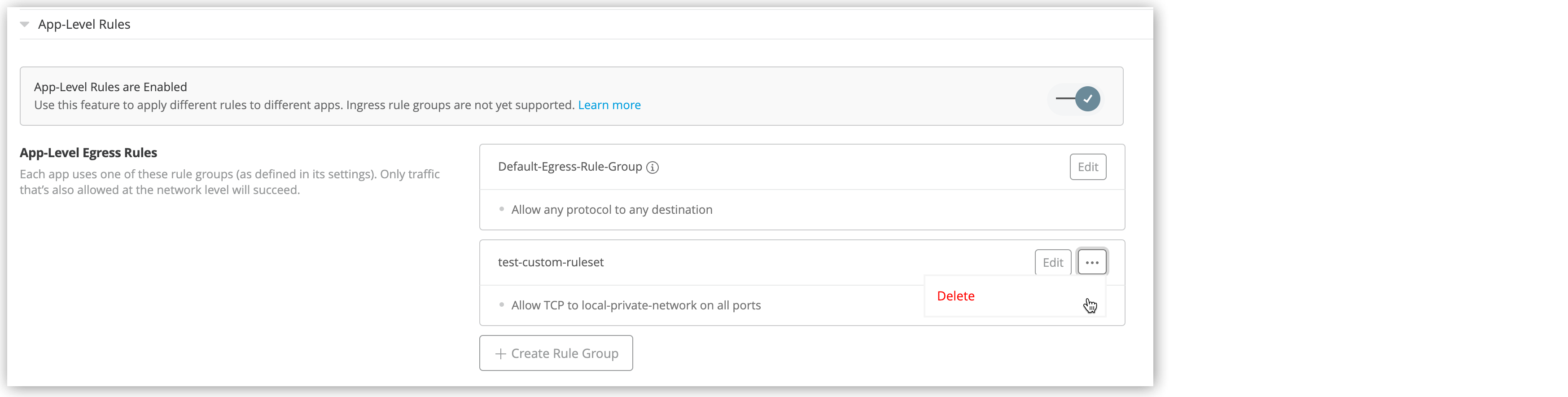 Delete custom egress rule group