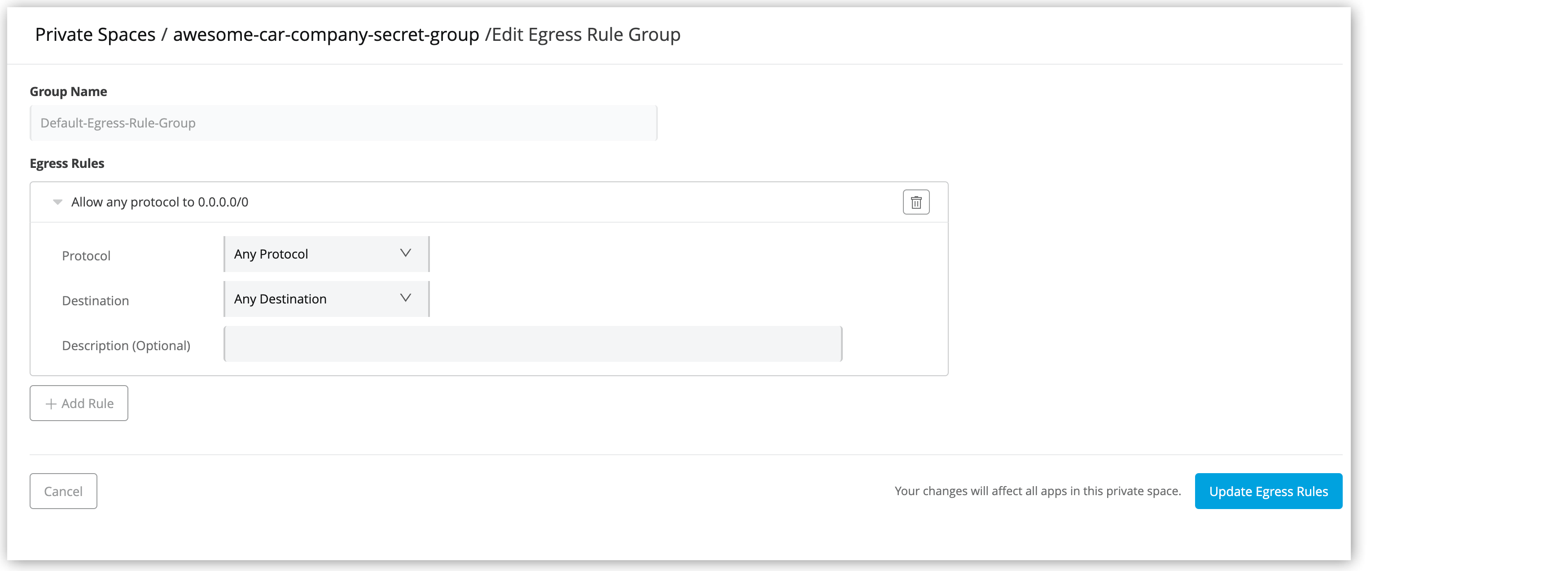Edit the default app level egress rule group