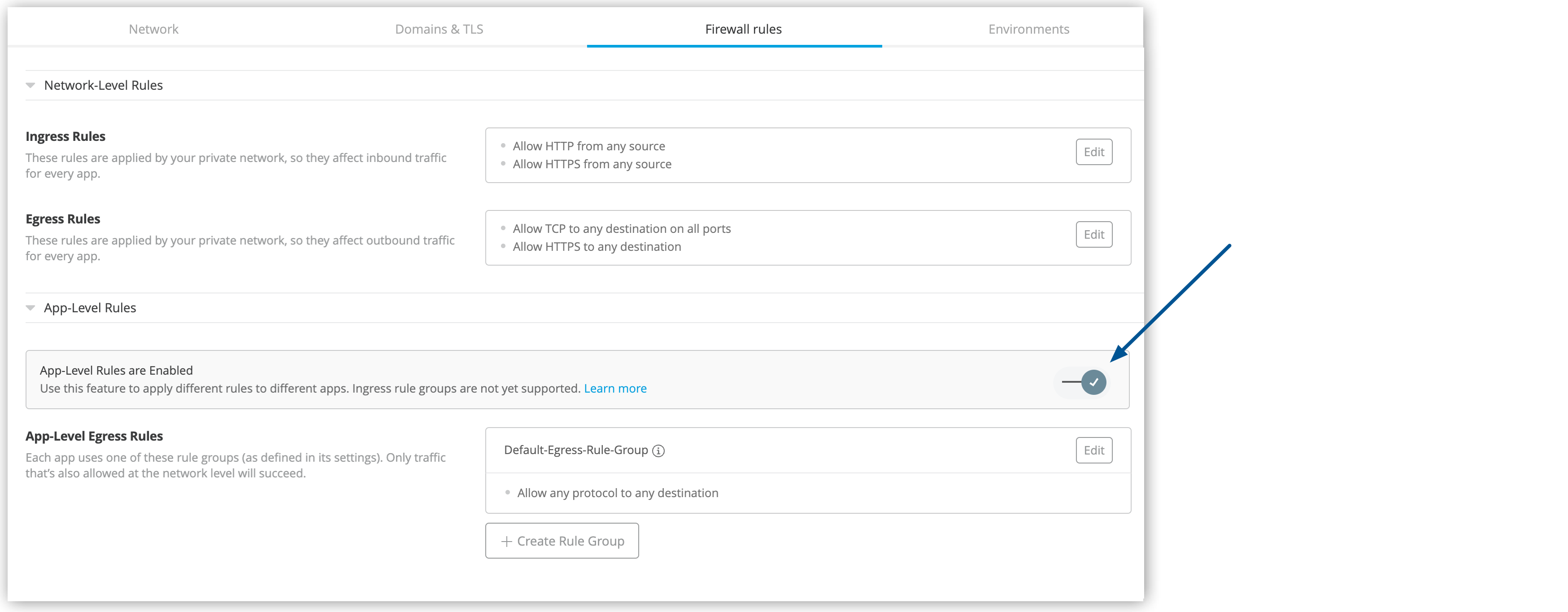 Toggle the application-level egress rules feature