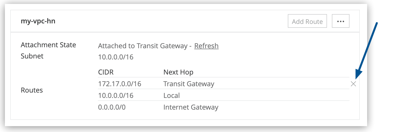 Remove route icon in the VPCs section