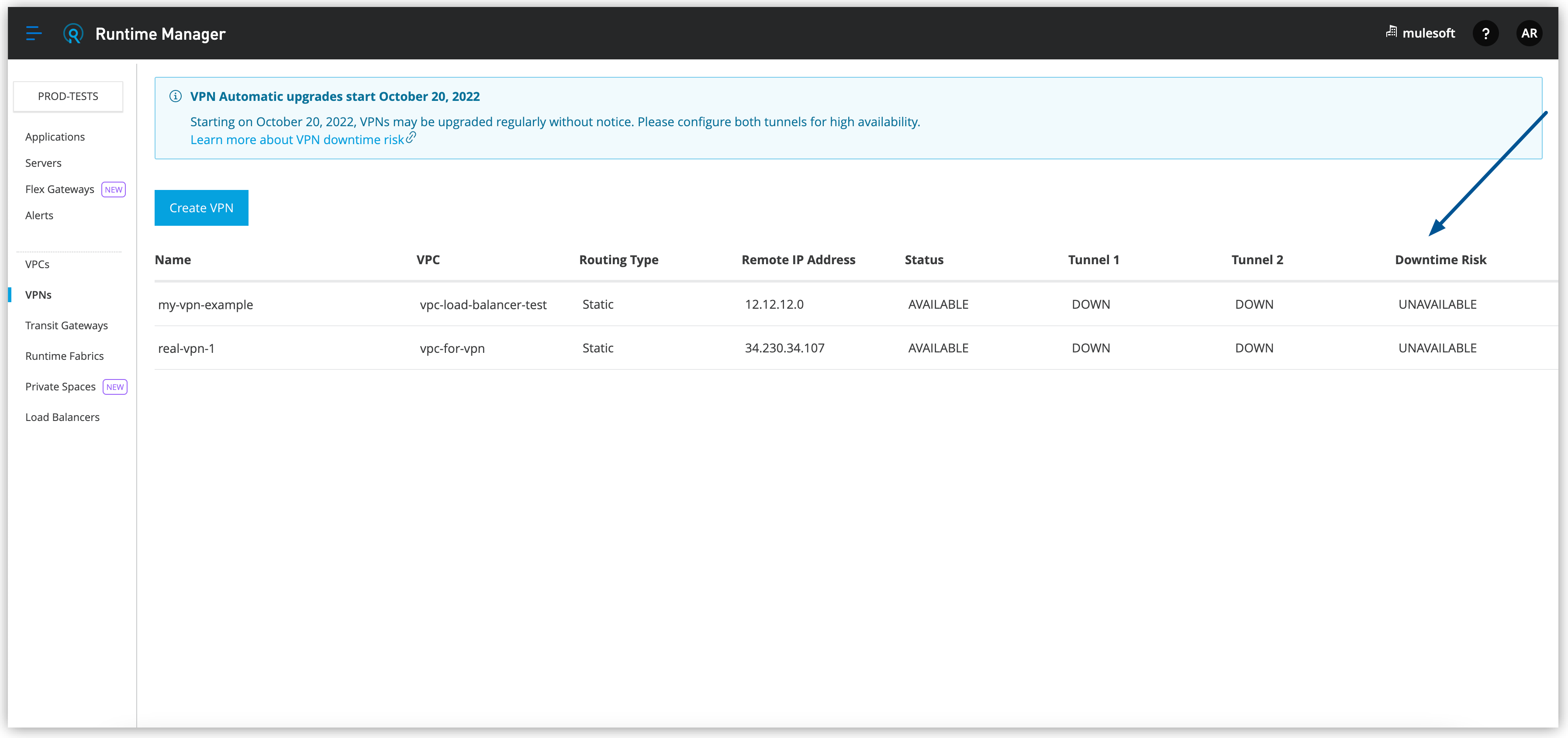 VPN Downtime Risk UI