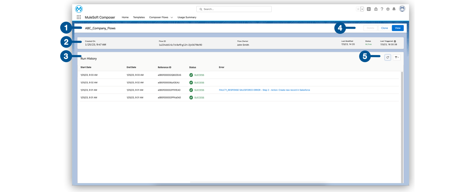 The Flow Details page in MuleSoft Composer for Salesforce