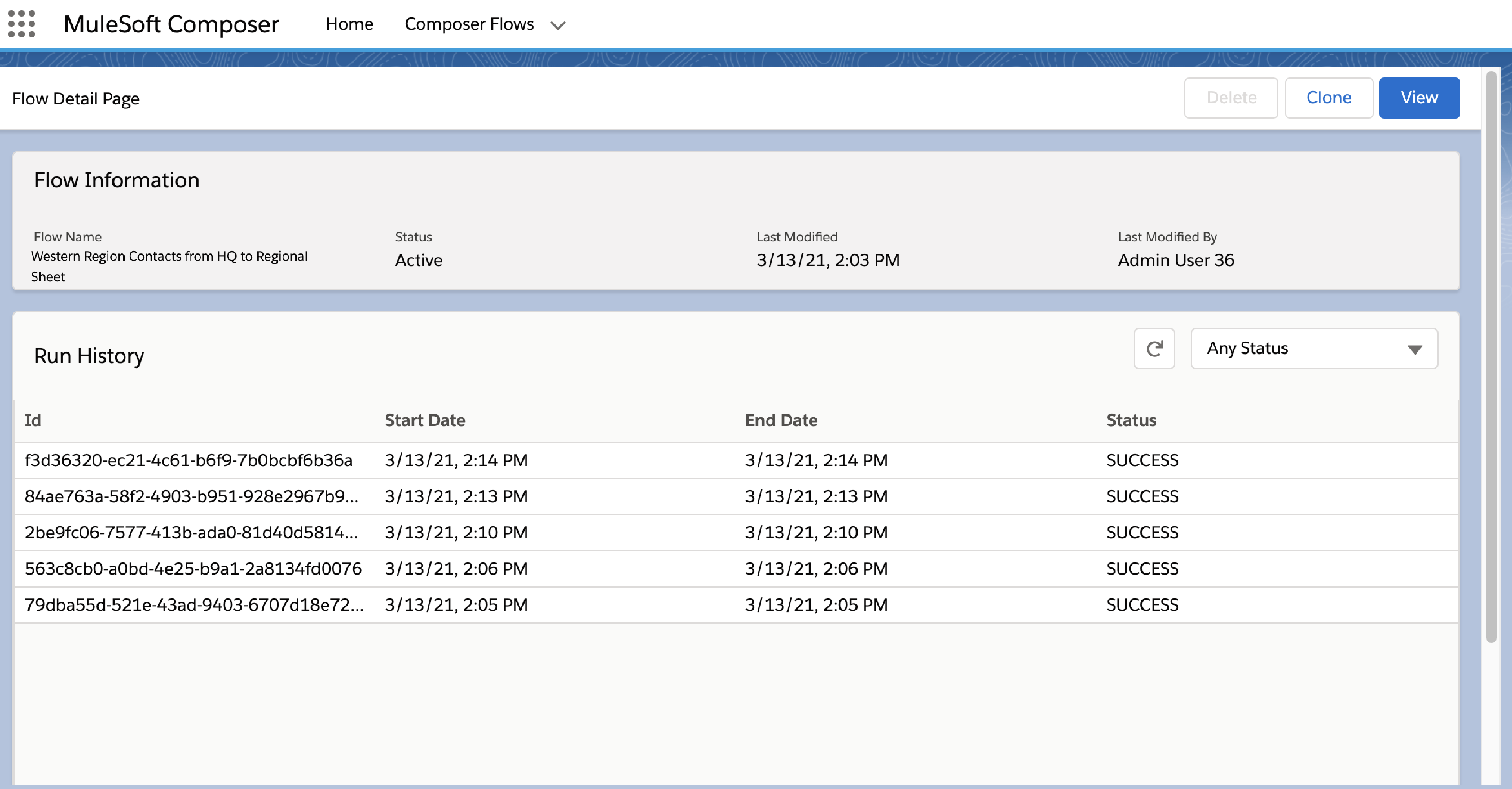 Flow run history and other flow details in MuleSoft Composer for Salesforce