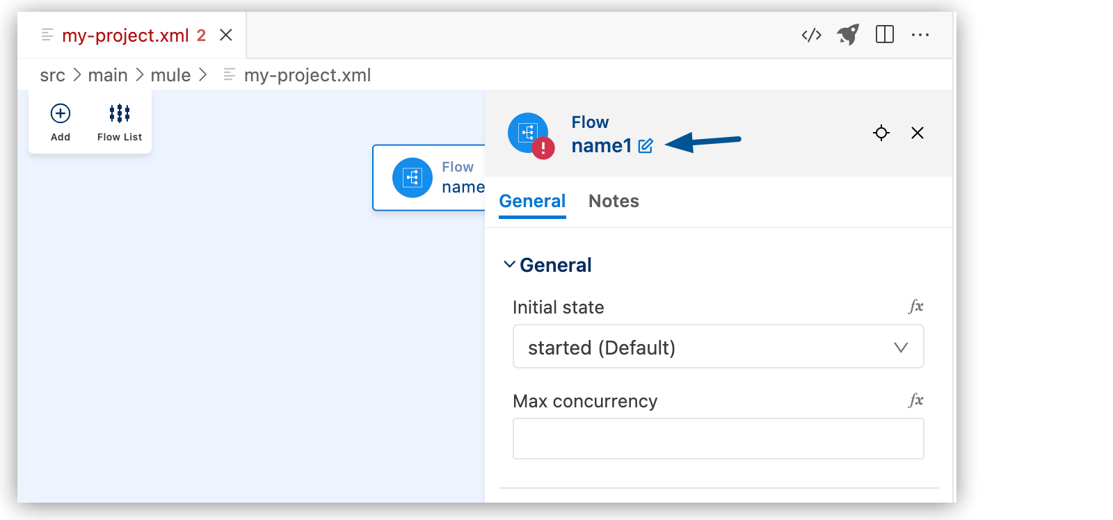 Arrow pointing to the flow name edit pencil icon