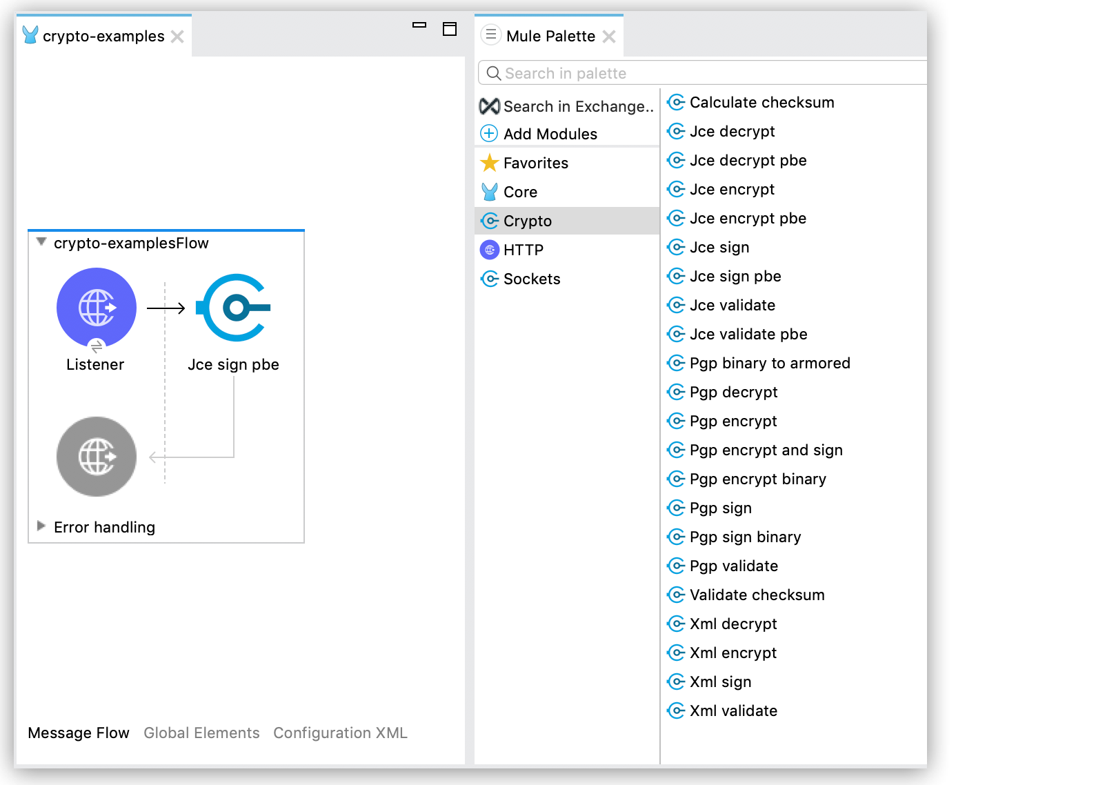 A palette menu for adding password-based encryption modules in a cryptographic flow