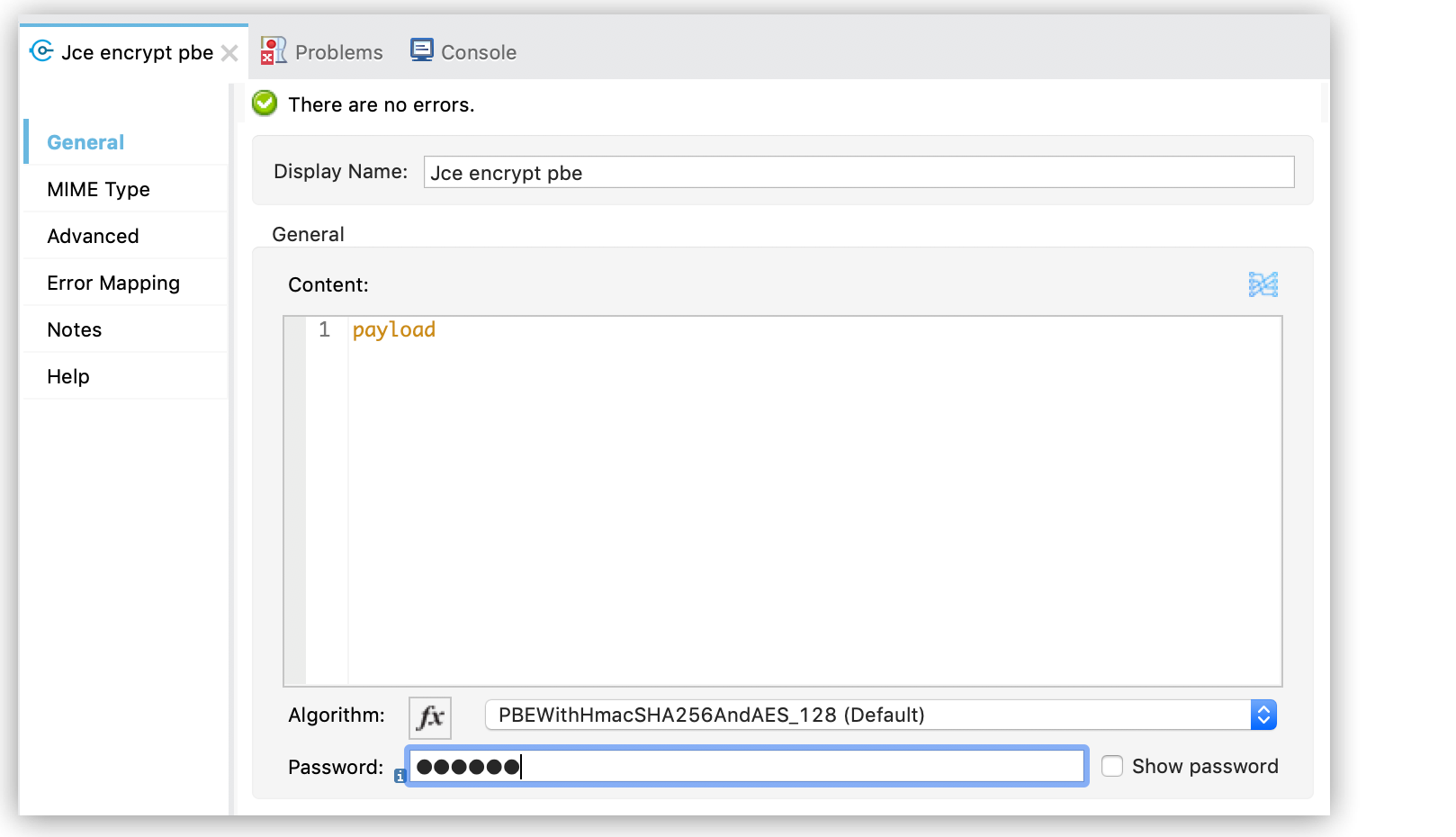 A configuration settings for JCE encrypt PBE with algorithm and password options