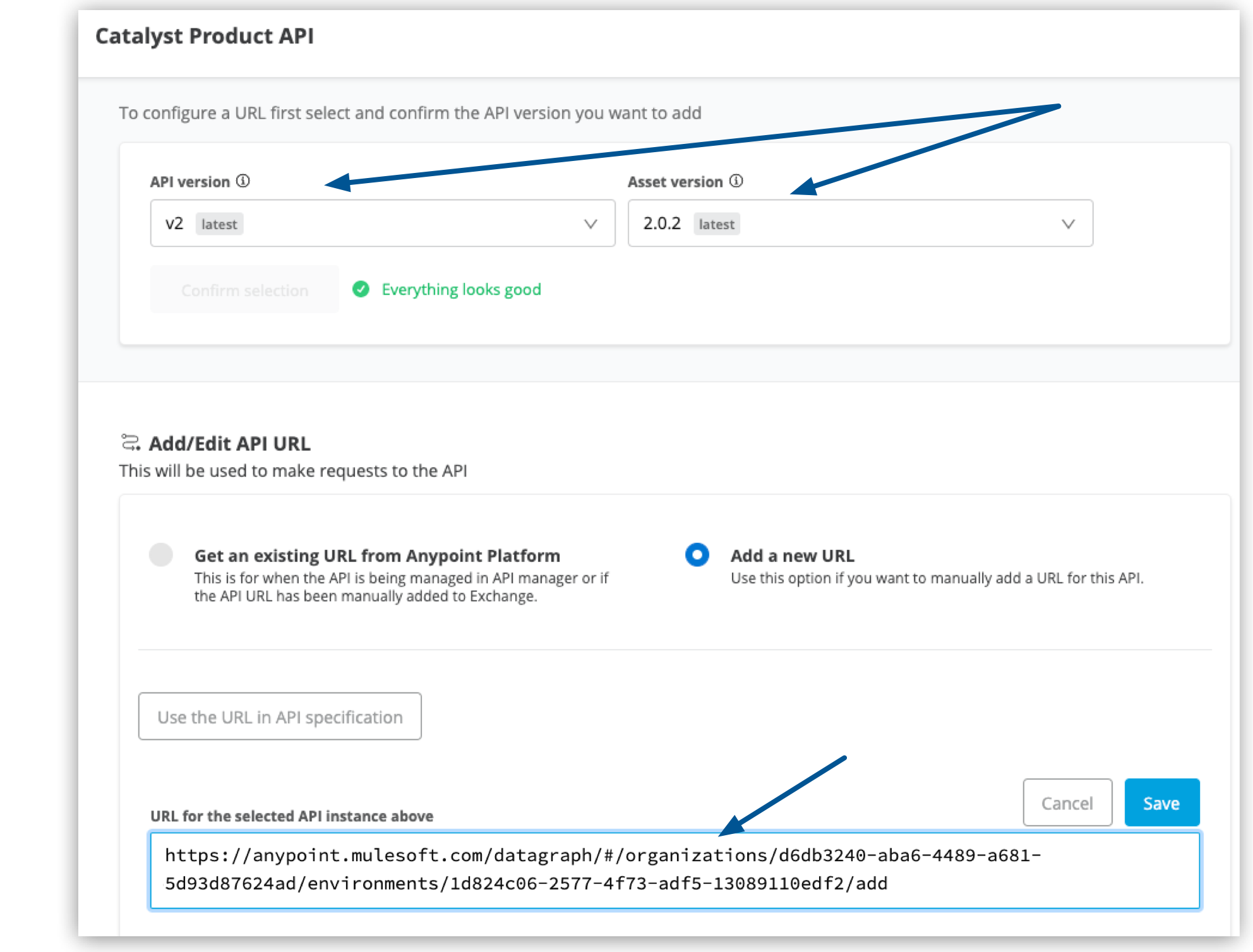 Adding the API and asset version and URL for the Catalyst Product API