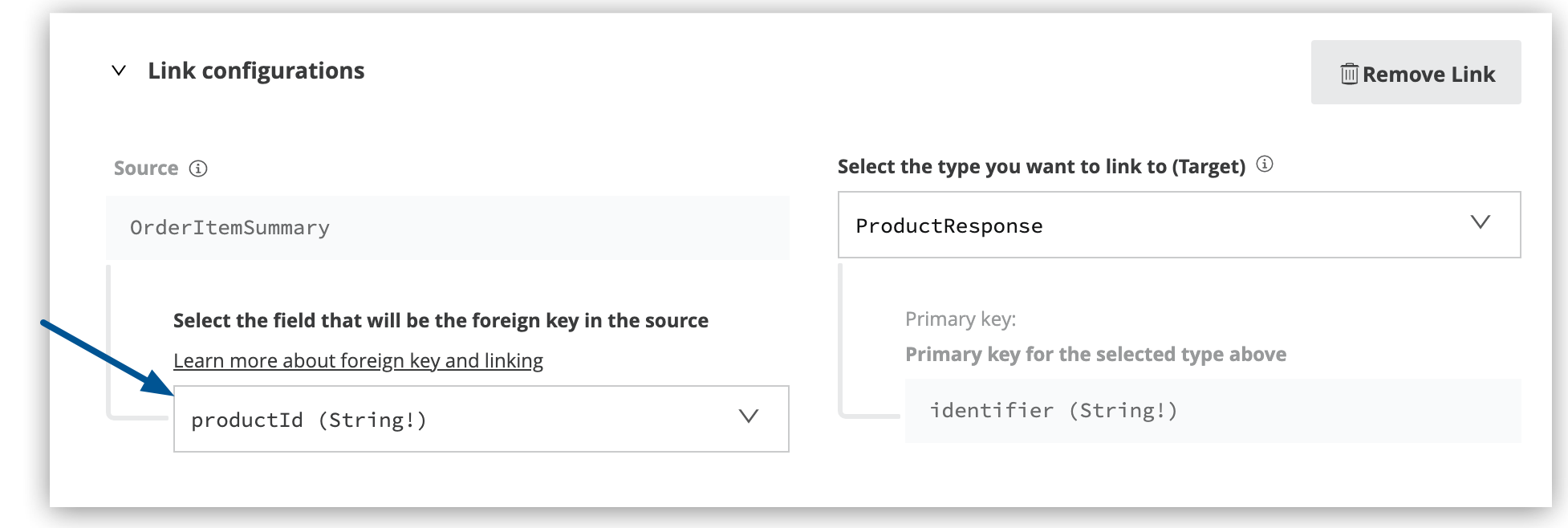 The foreign key field in the link configuration is set to product ID string