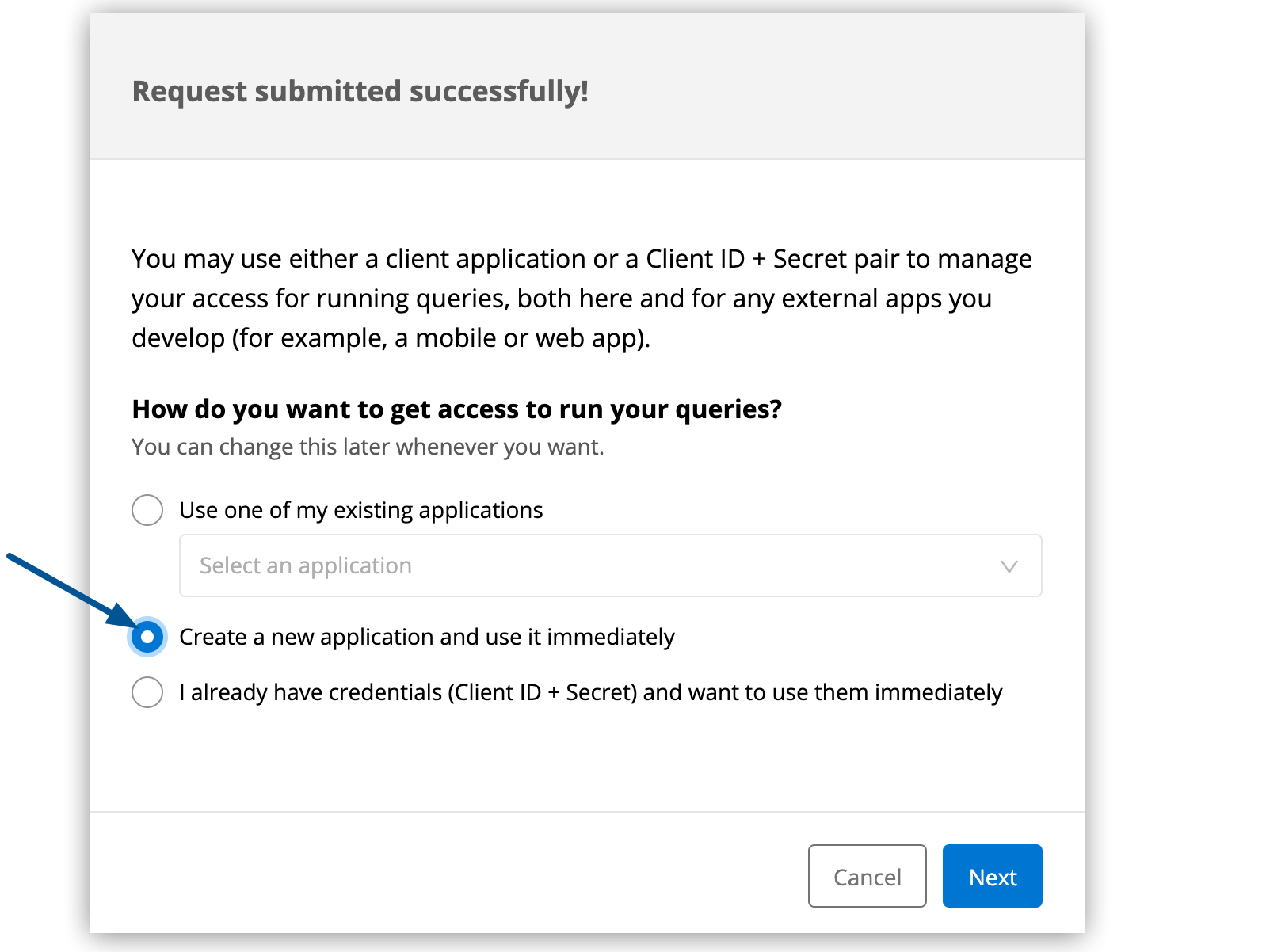 Create a new application is selected in requesting access to run an operation window