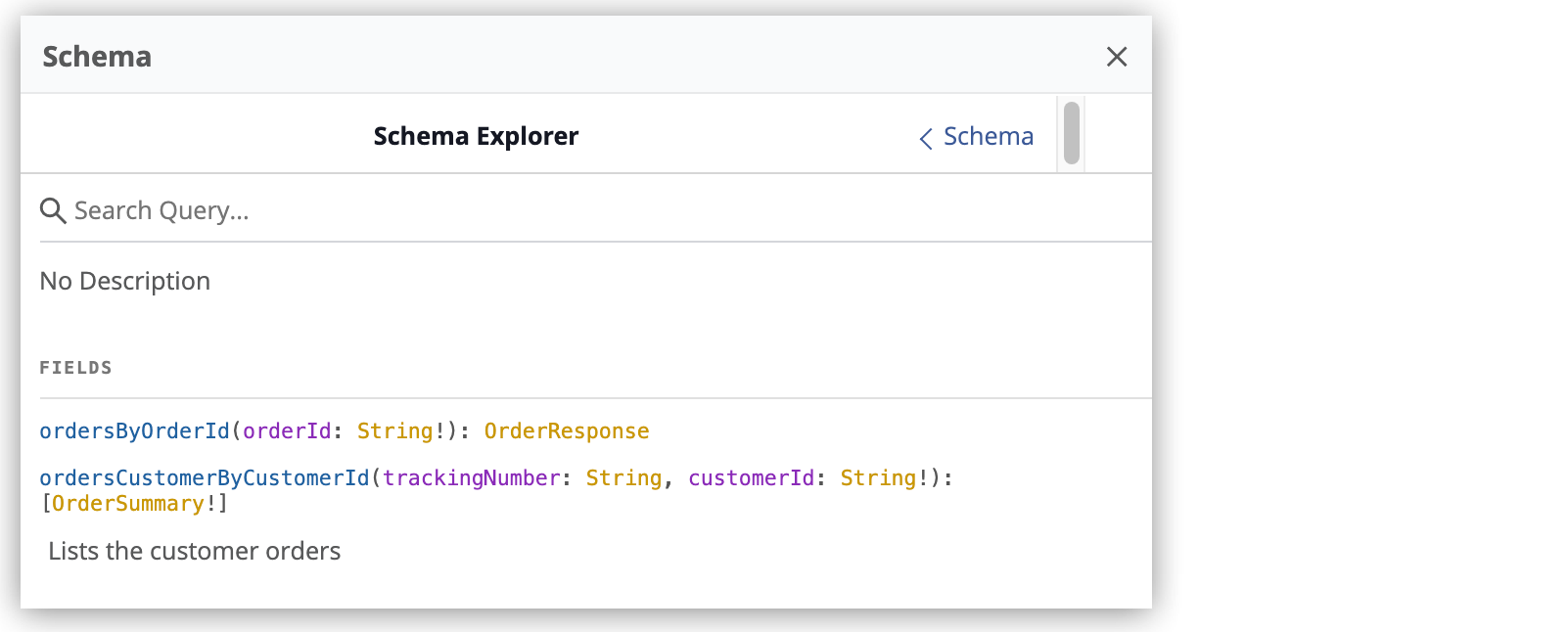Two query methods listed in the schema explorer