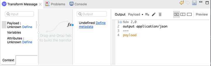 A Transform Message component to define metadata in Anypoint Studio