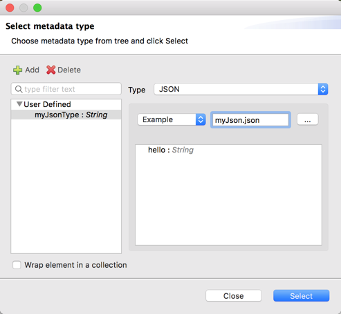 A Select metadata type dialog to select Type