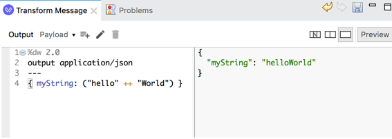 A DataWeave script that outputs 'helloWorld' in JSON format