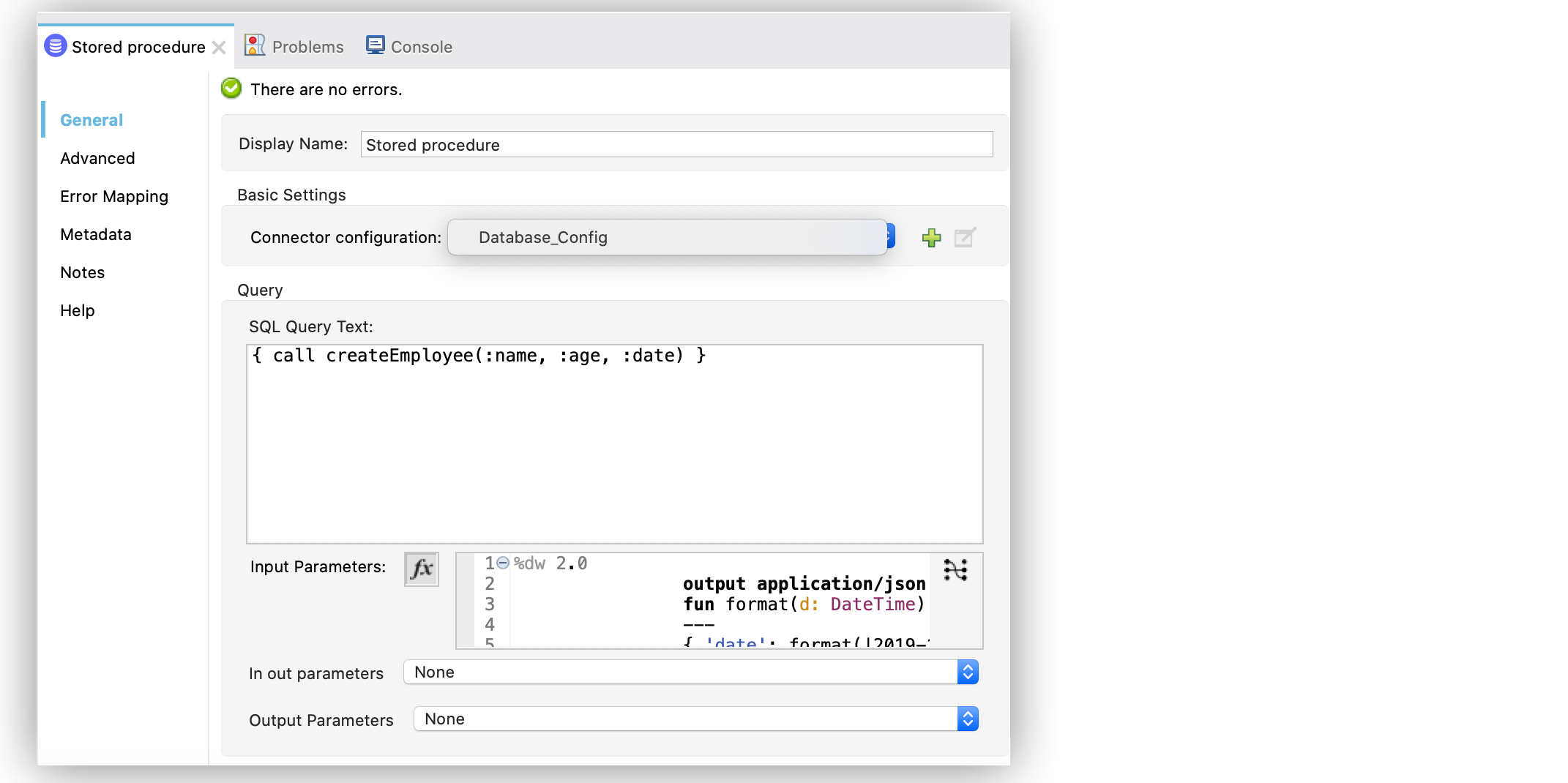 Configuring dates on the Stored procedure operation