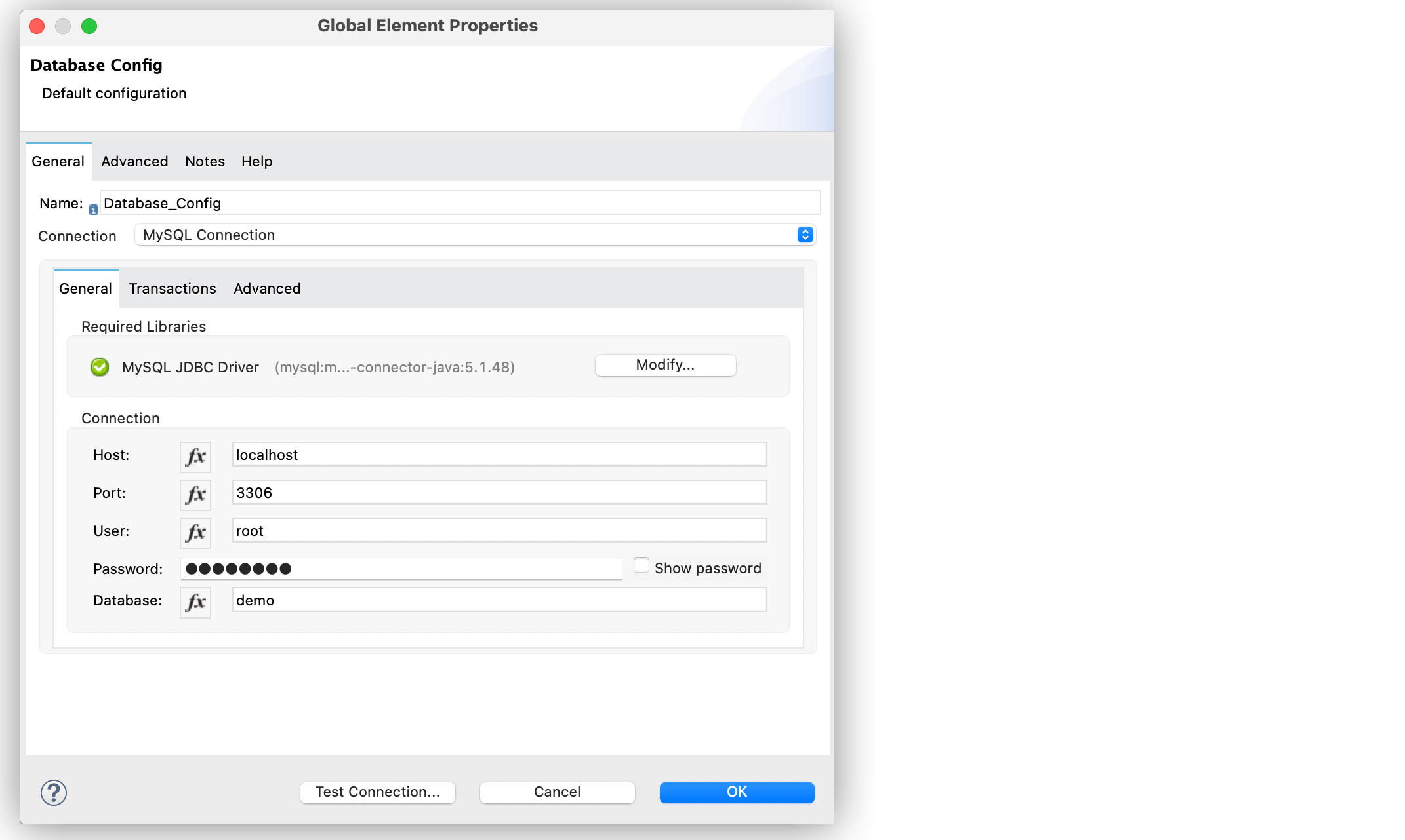 The database general configuration setting the Host, Port, User, and Password fields.