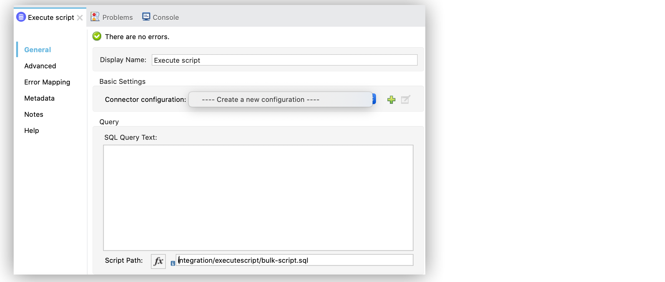 The Execute script operation configuration in Studio