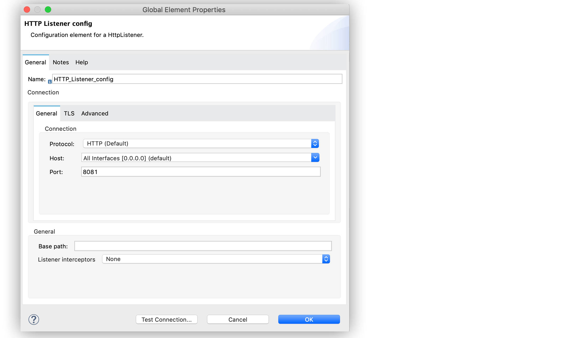 The HTTP Listener global element configuration