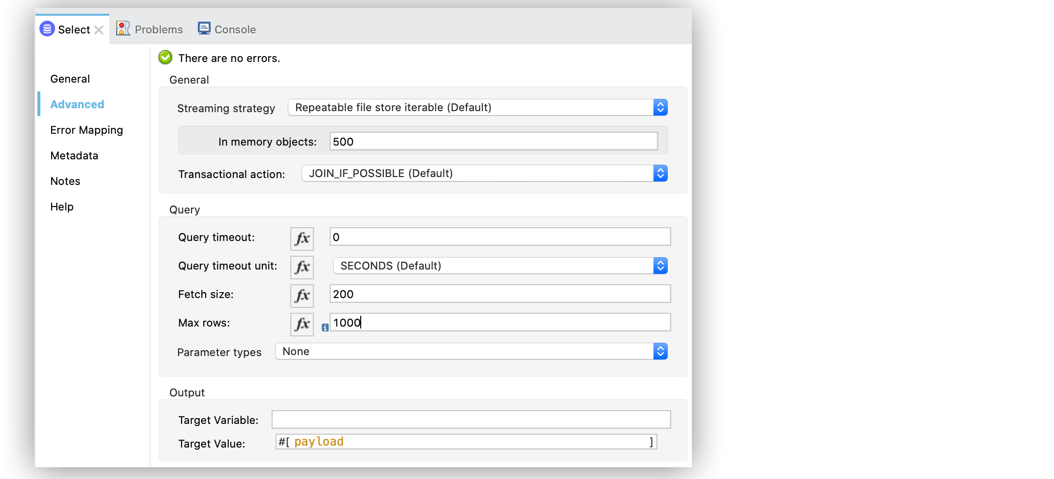 .The Fetch size and Max row fields configuration in Studio