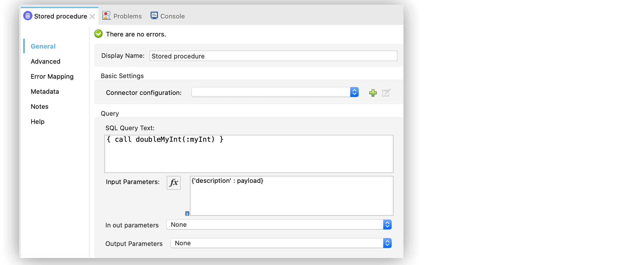 The Stored procedure operation with the Input parameter field configuration