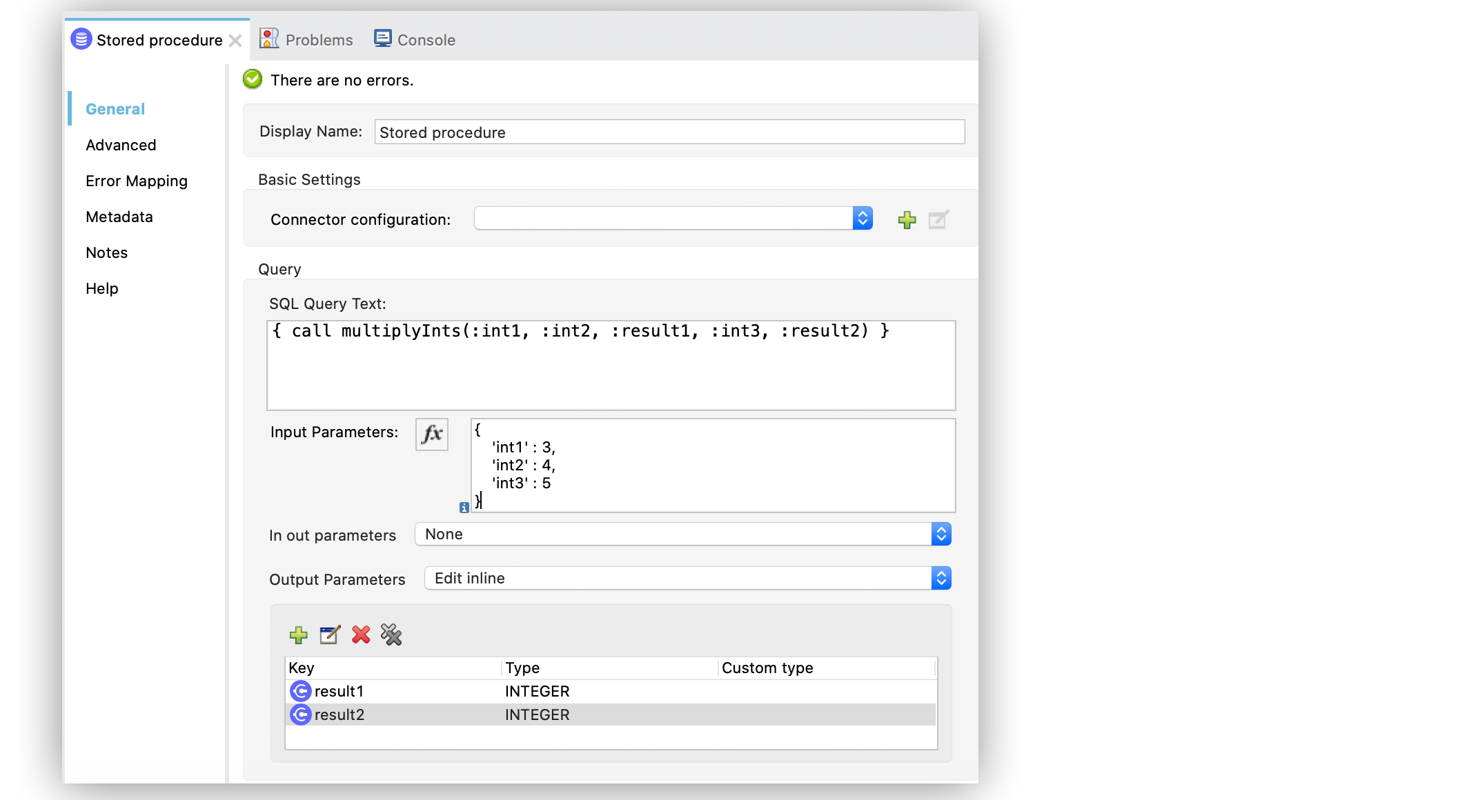 The Stored procedure operation with the Input and Output parameters fields configuration