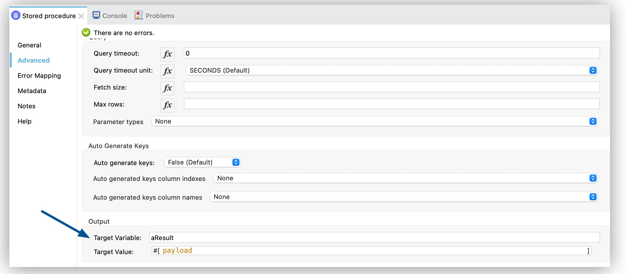 The Stored procedure operation with the Target Variable field configuration