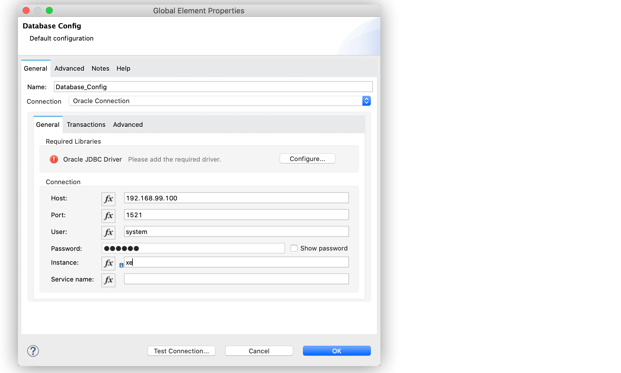 The Oracle Connection global configuration