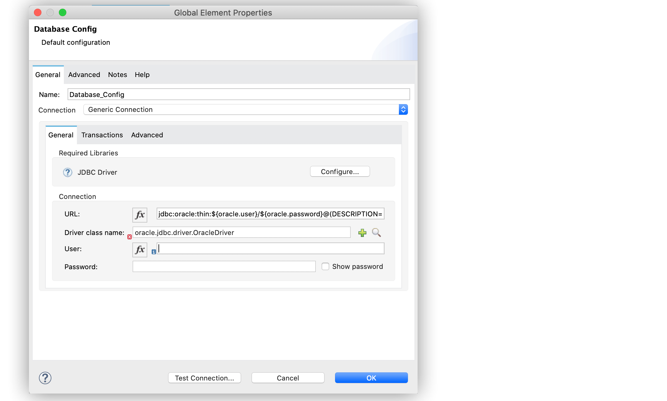 The Oracle database with TNS configuration