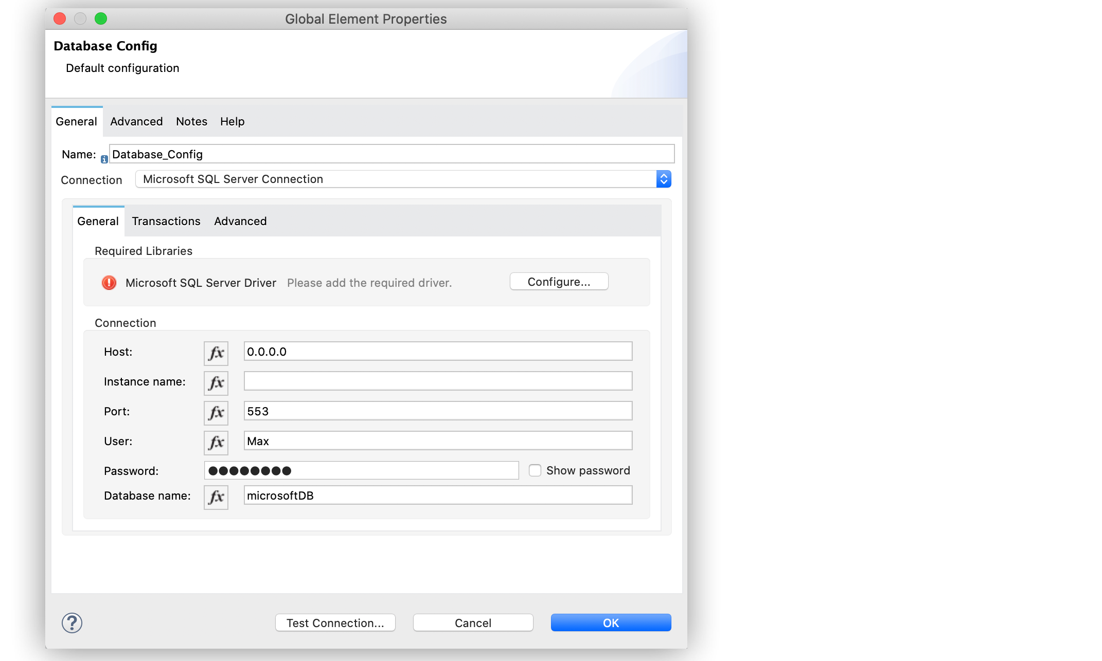 The Microsoft SQL Server Connection global configuration