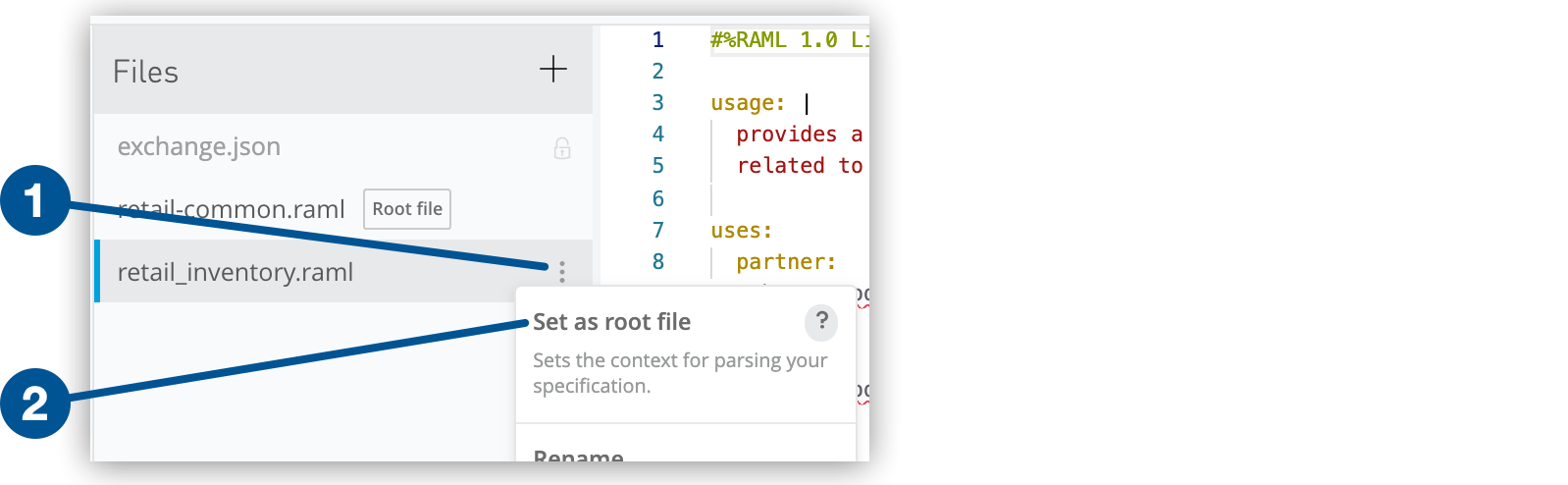 The Set as root file option at the top of the menu opened by clicking the three dots.