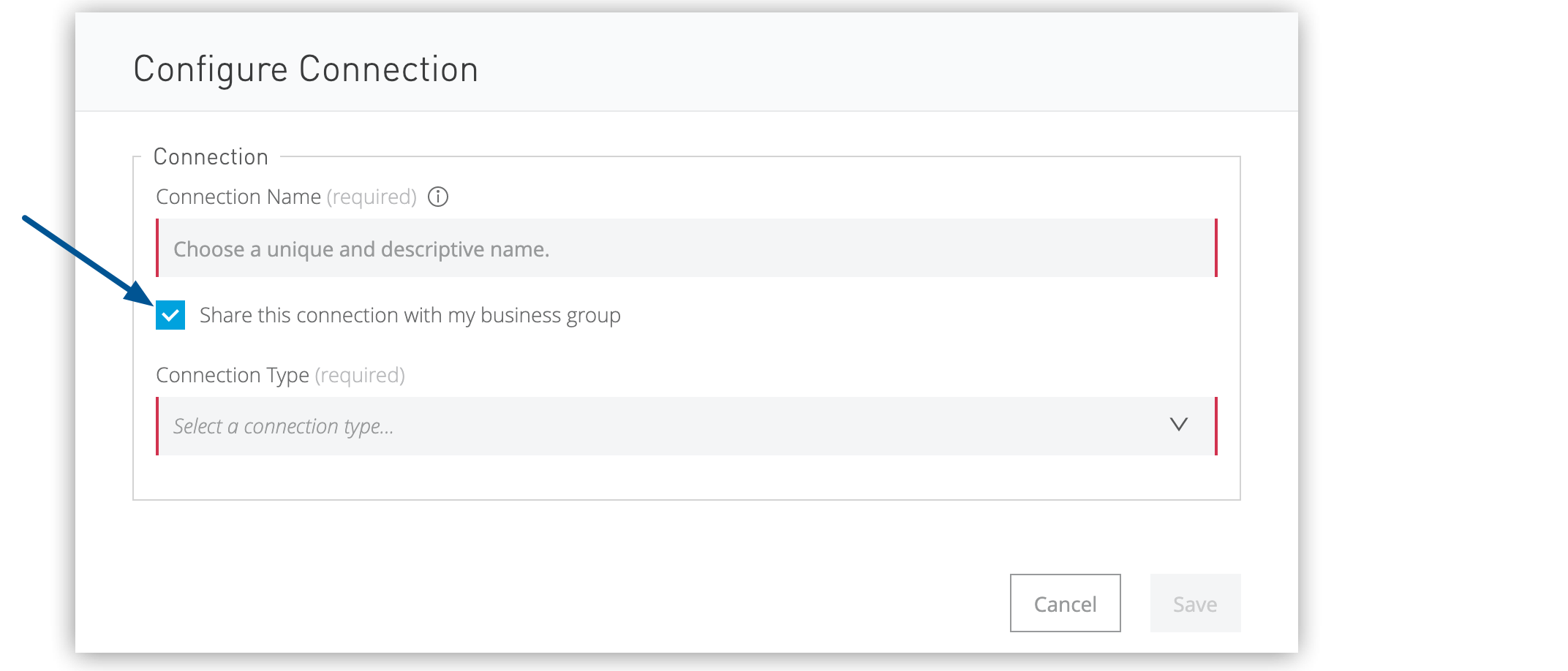 The location of the *Share this connection with my business group* checkbox