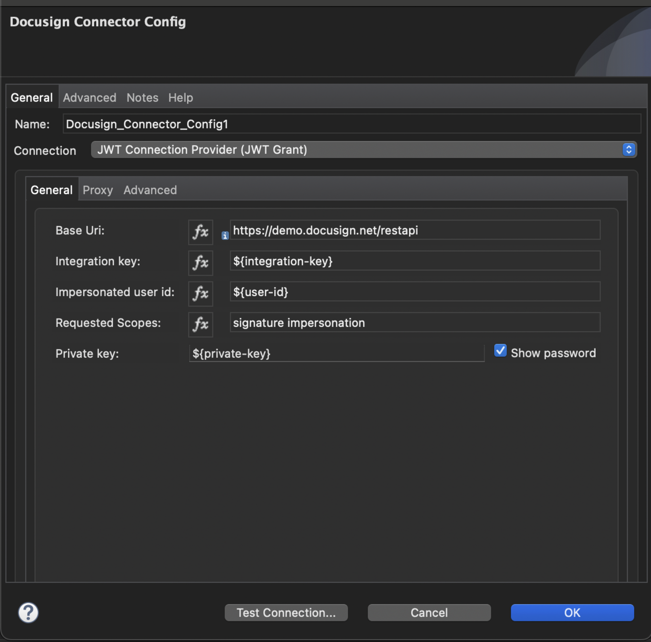 General tab for JWT Grant authentication