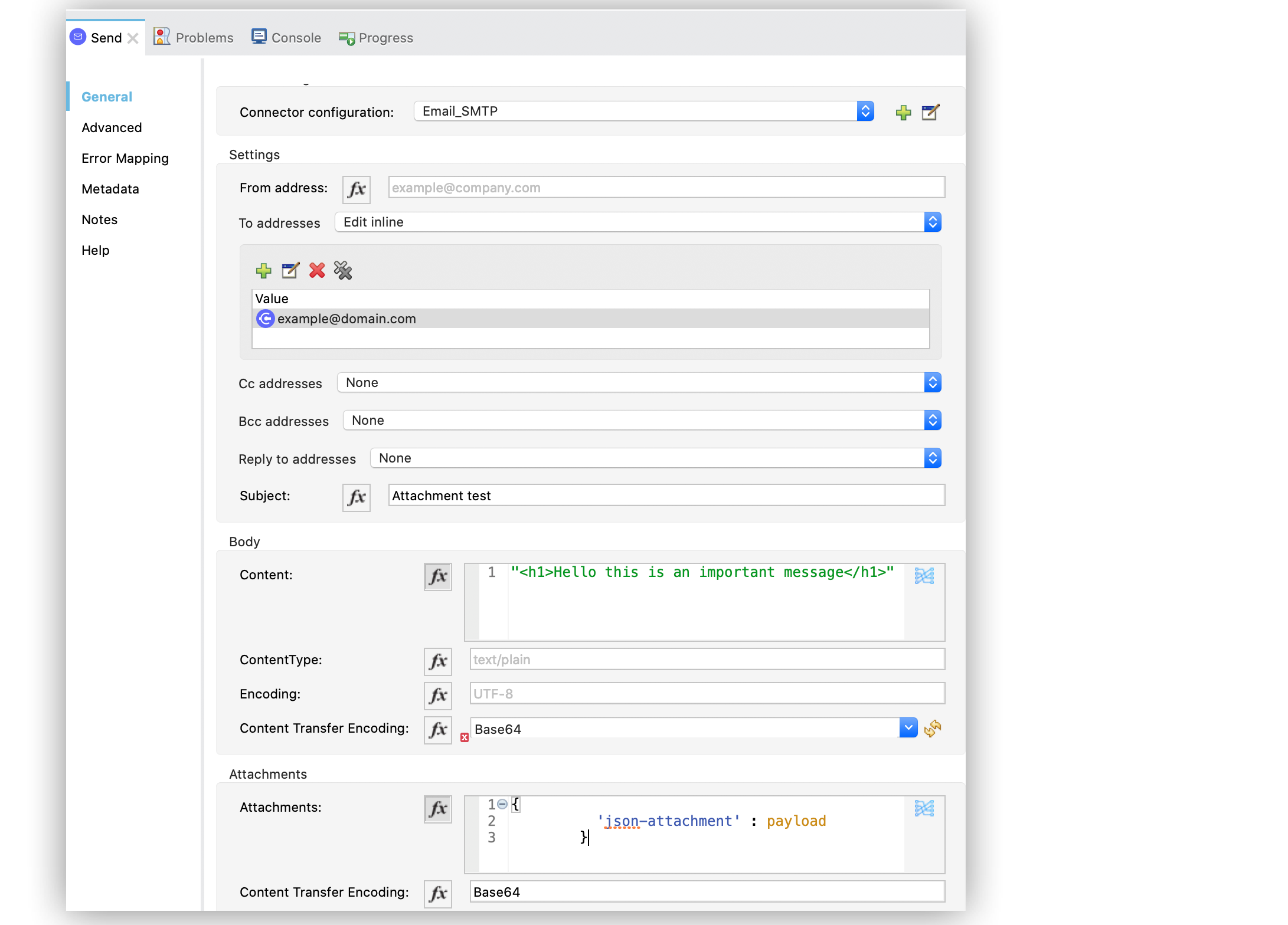 .Email Send Attachment operation configuration