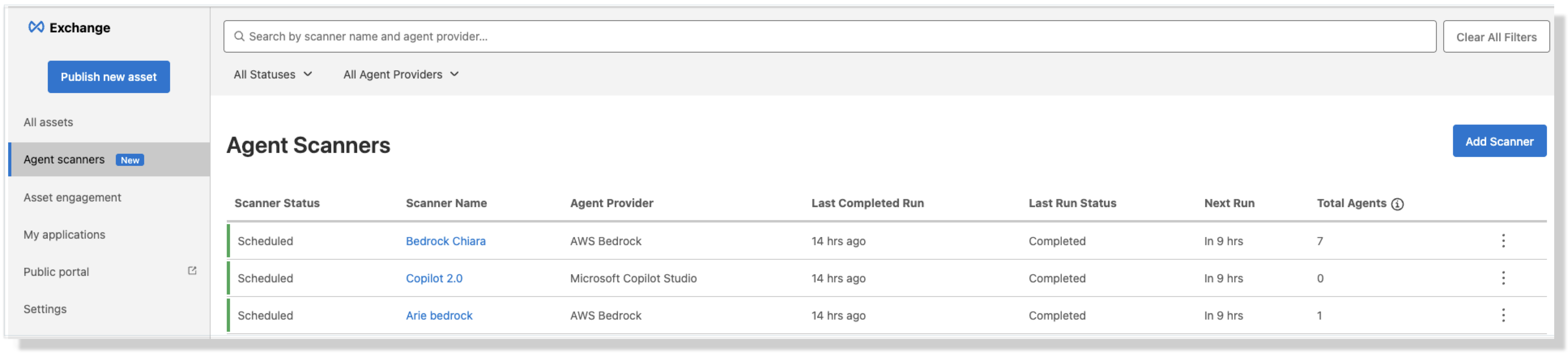 Agent Scanners page showing a list of scanners
