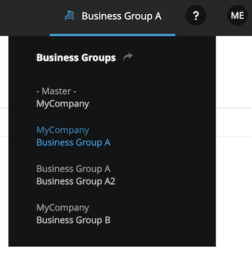 Screenshot - Business groups in upper taskbar drop-down menu